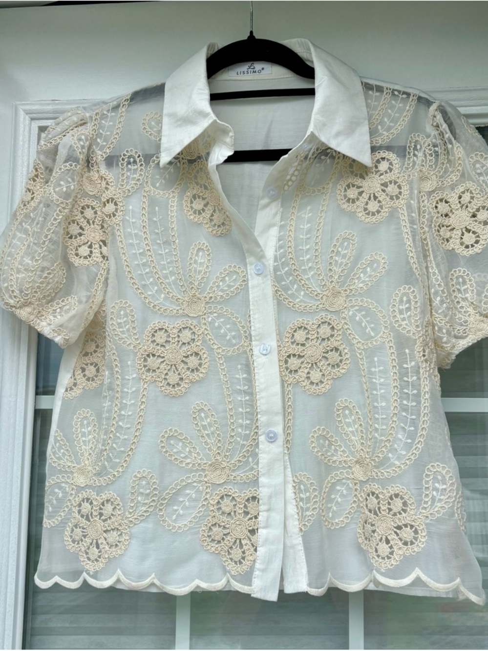 Lissimo Italy Sheer Cream Embroidered Floral Button-Front Blouse